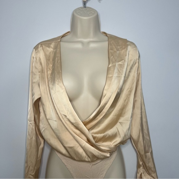 Womens Bodysuit Satin Long Sleeve Regular Fit Surplice Deep V Neck Bodysuit - Picture 7 of 8